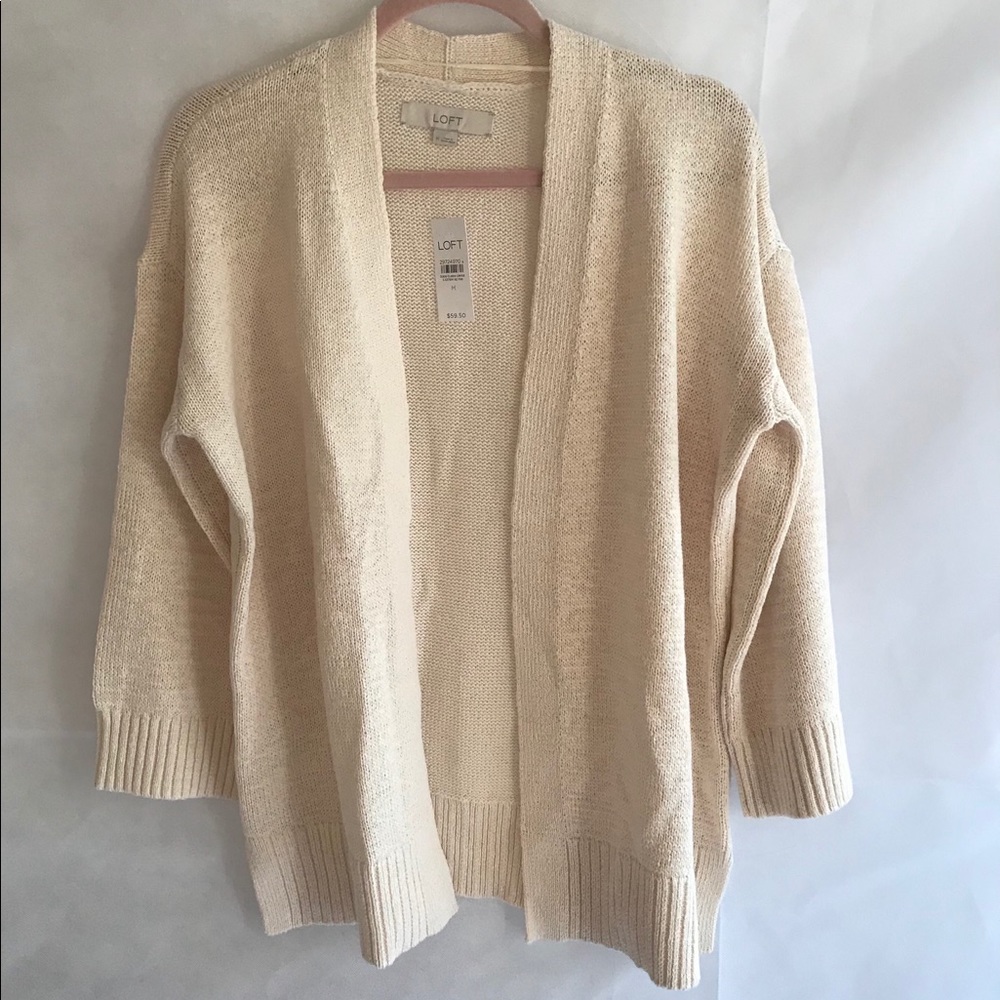 Loft Knit Rib Trim Open Cardigan Popcorn - Picture 2 of 7